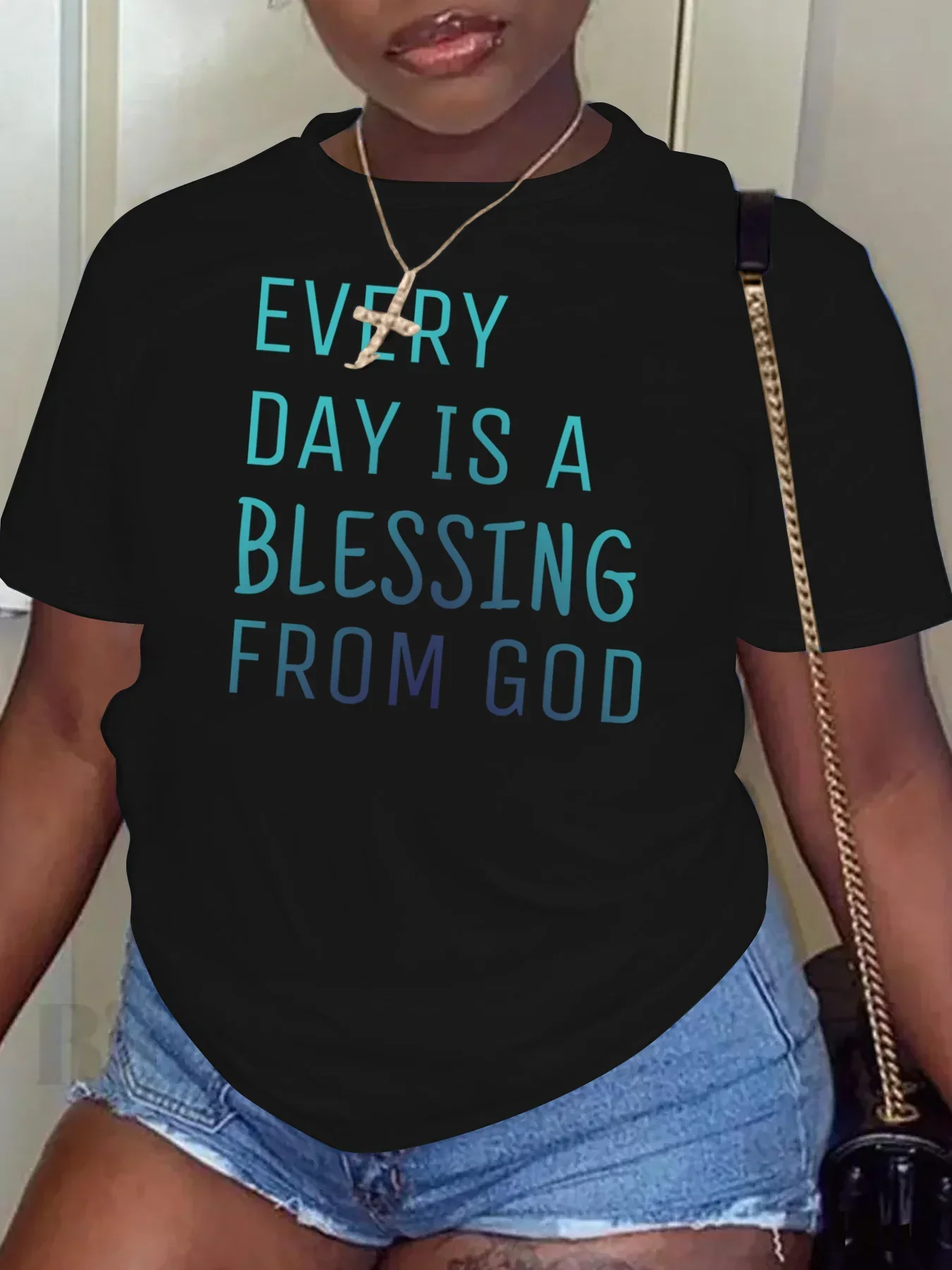 Women Plus Size Clothing Summer Round Neck Short Sleeve Printed Letter Casual BLESSING Plus Size T-Shirts Y2k Top