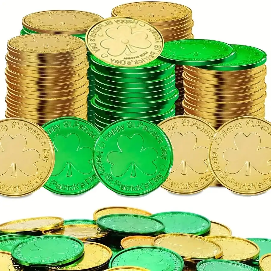 1/5/10/20/50/100pcs A Set of 50 Plastic Shamrock Coins, Green And Golden Lucky Clover Good Luck Coins for St. Patrick'S Day Part