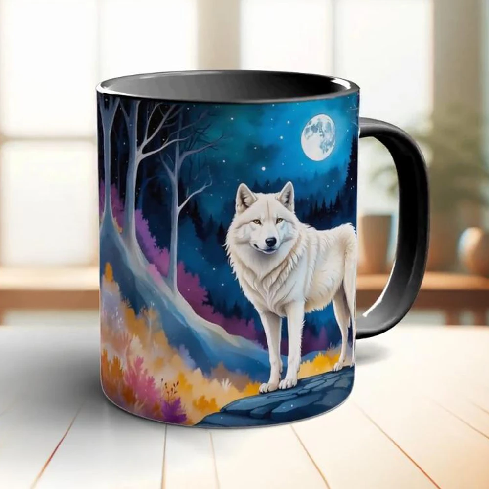 Moon and white wolf coffee mug 11oz ceramic home tea cup friends birthday gift mug
