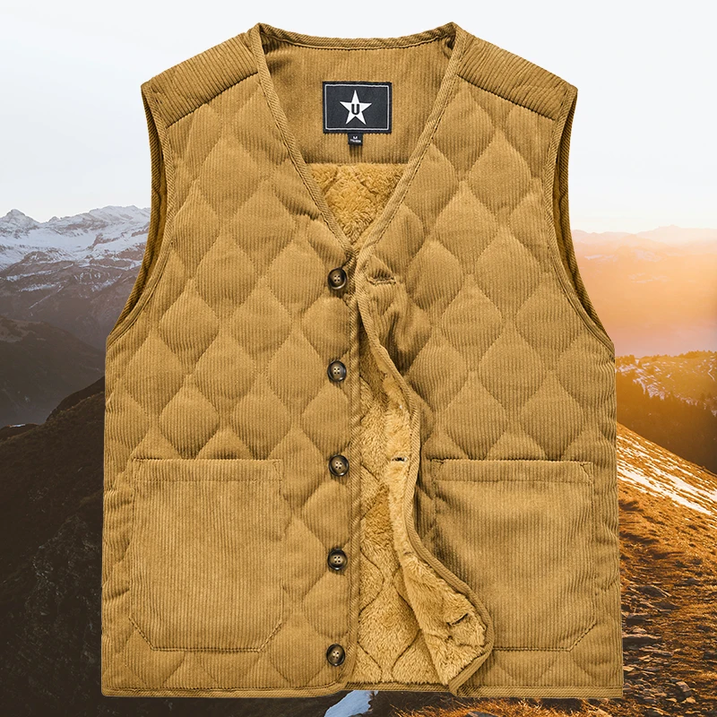 2025 Autumn Winter Padded Warm Vest Men's Diamond Check Shoulder Undershirt Workwear Corduroy V-neck Jackets Men Clothing