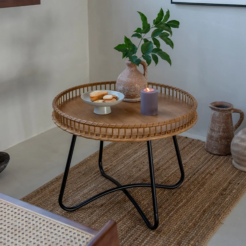Southeast Asian style wood rattan round small coffee table Nordic end table for living room home furniture sofa side table