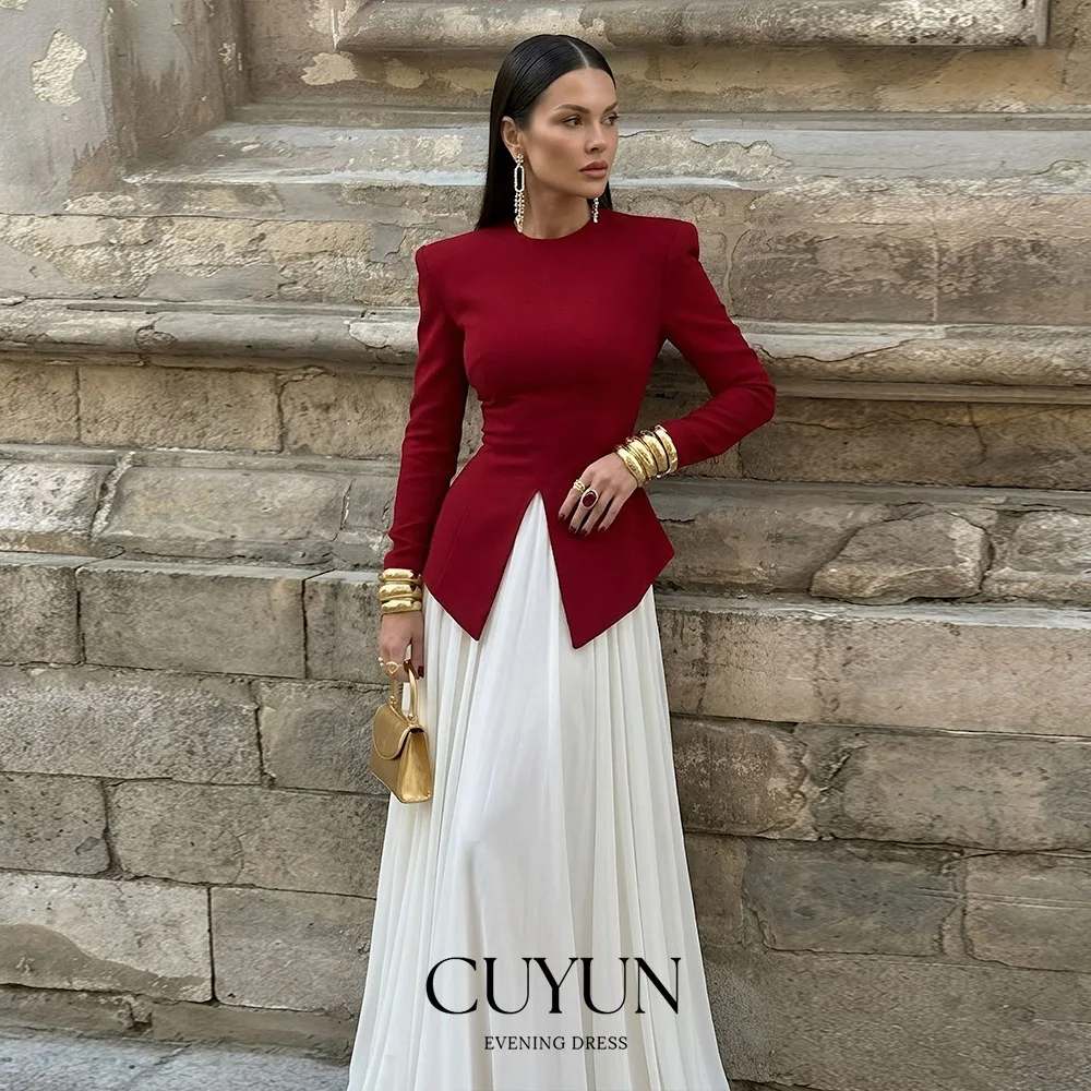 CUYUN Customized Formal Event Gown Women Modern O-Neck Long Sleeves Long Party Dresses Jersey and Chiffon