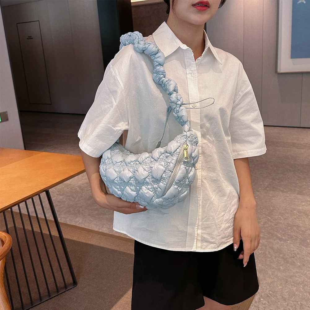 Women Shoulder Bag Nylon Quilted Crossbody Bag Soft Solid Color Drawstring Strap Adjustable Female Casual Handbag