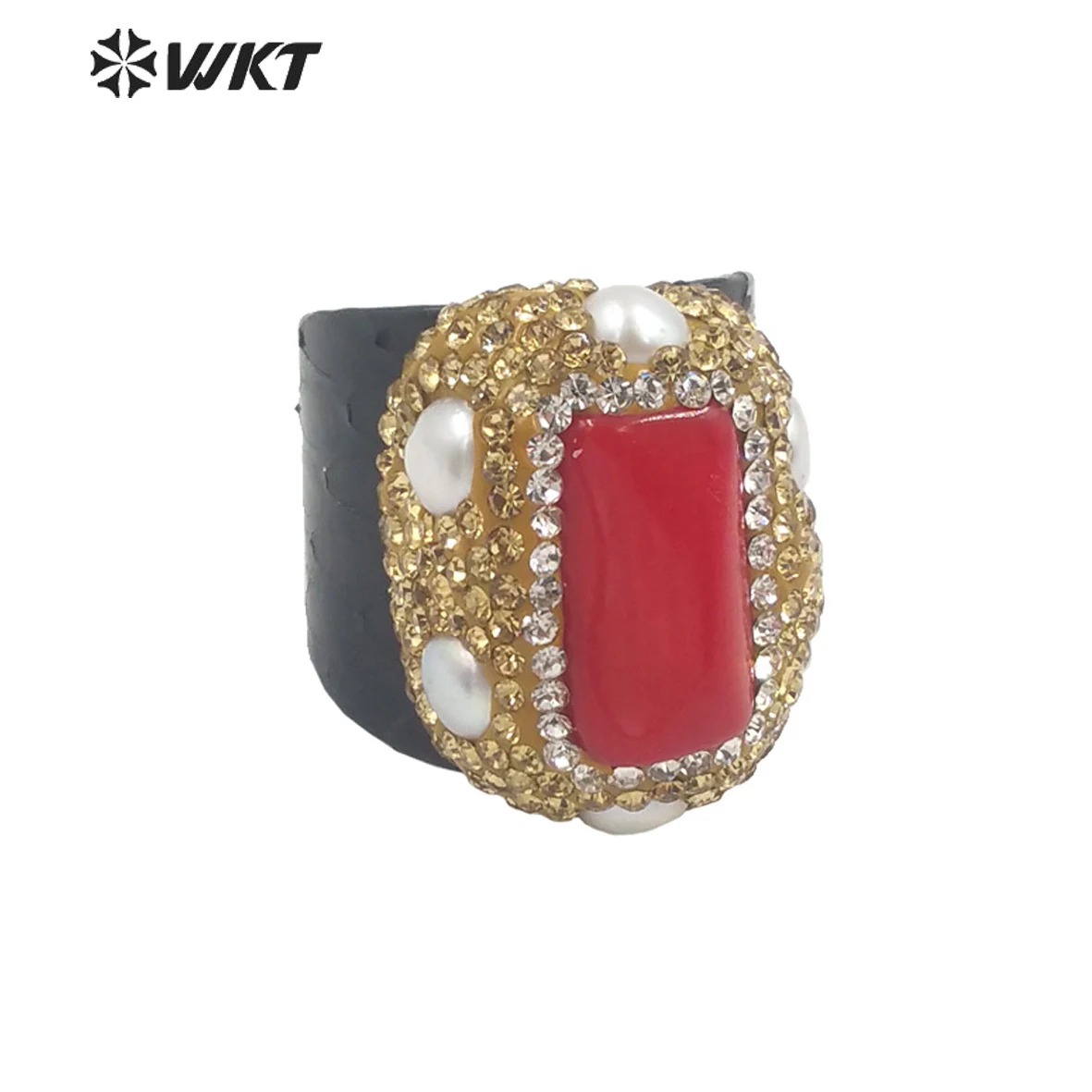 

WT-R432 Women Magic Black Genuine Leather Red Coral Ring With Pearl Charm Elegant Rhinestone Pave Party Luxury Accessories