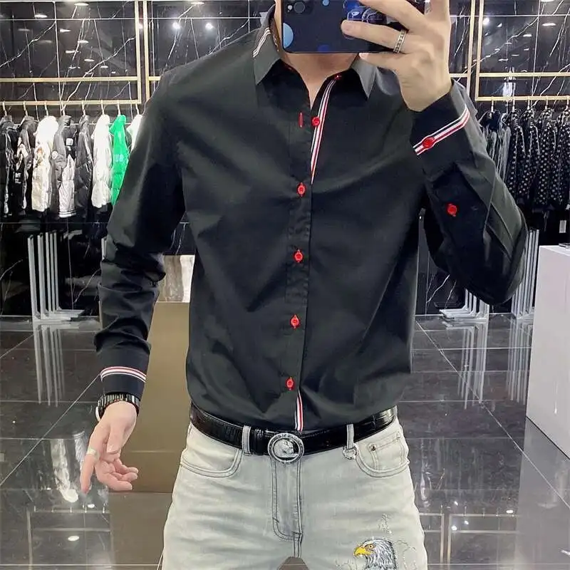 Elegant Fashion Harajuku Slim Fit All Match Shirt Square Neck Printed Button Long Sleeve Outerwear Loose Casual Male ClothesYY50