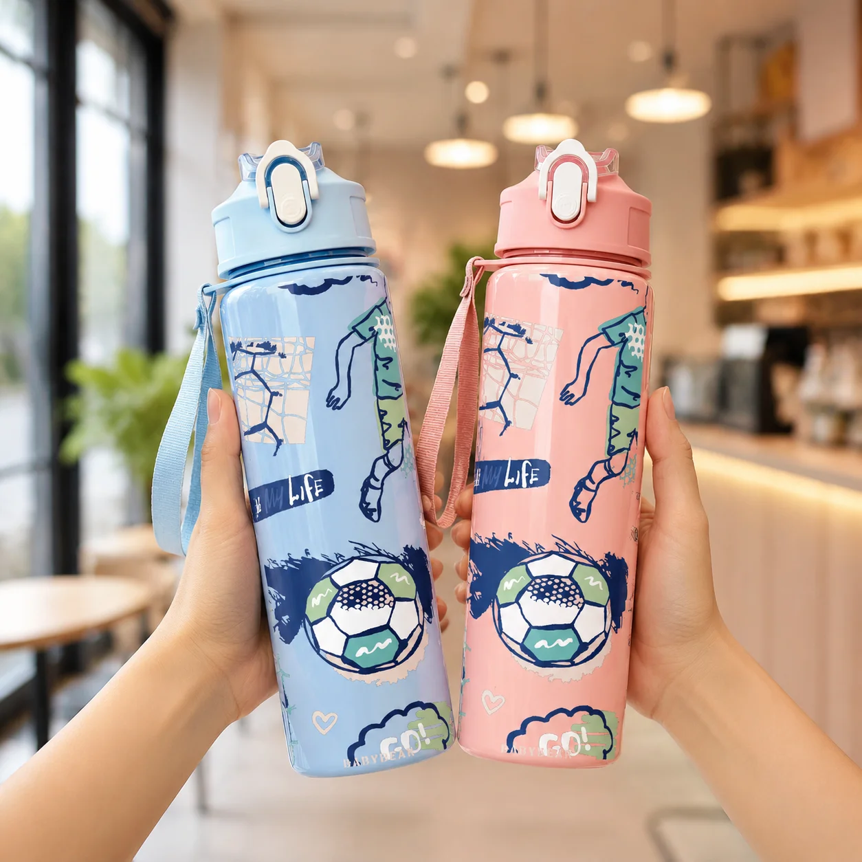Soccer Graphic Water Bottle, Leakproof Flip Lock Lid with Strap, Portable Plastic Cup for Kids Teen School Outdoor Daily Use