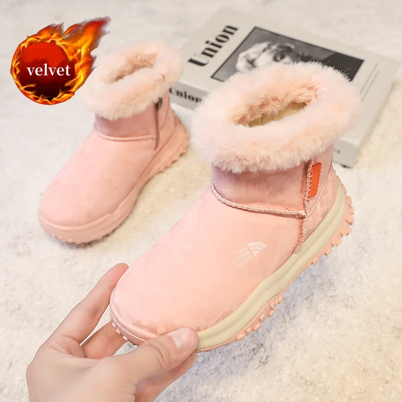 

Fashion Pink Kids Snow Boots Girl's Ankle Boot Winter Warm Plush Cotton Boots Boys Outdoor Comfy Fur High Top Children's Shoes
