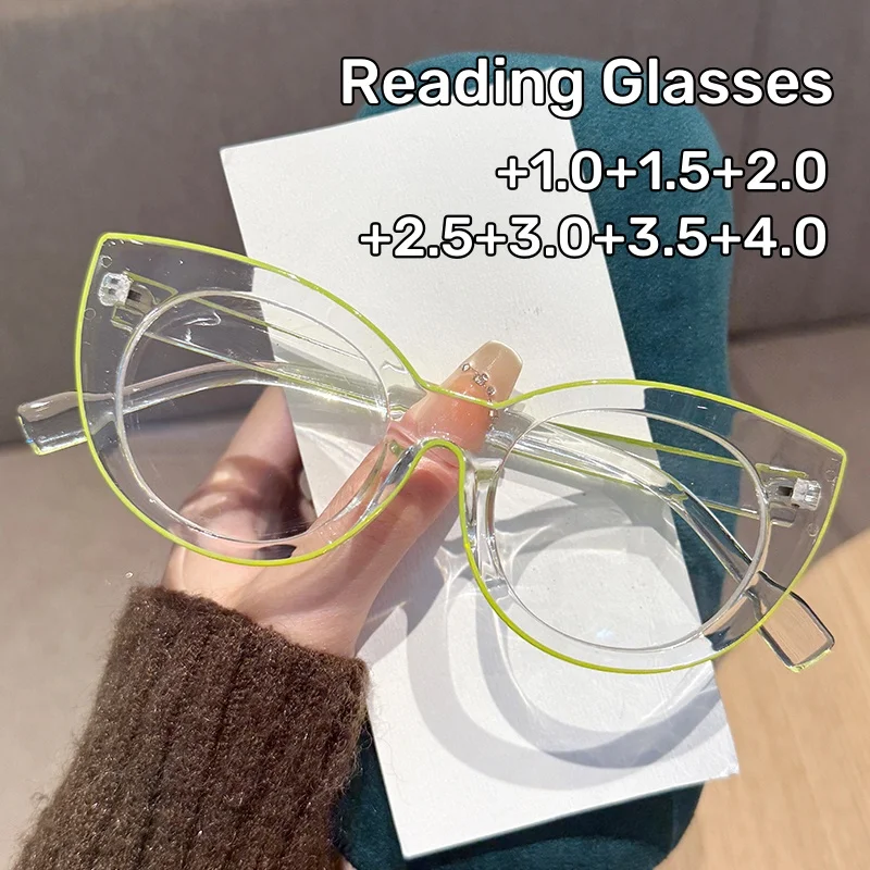 

New Cat Eye Presbyopia Glasses Fashionable Oversized Transparent Frame Blue Light Protection Reading Glasses with Plus Diopters