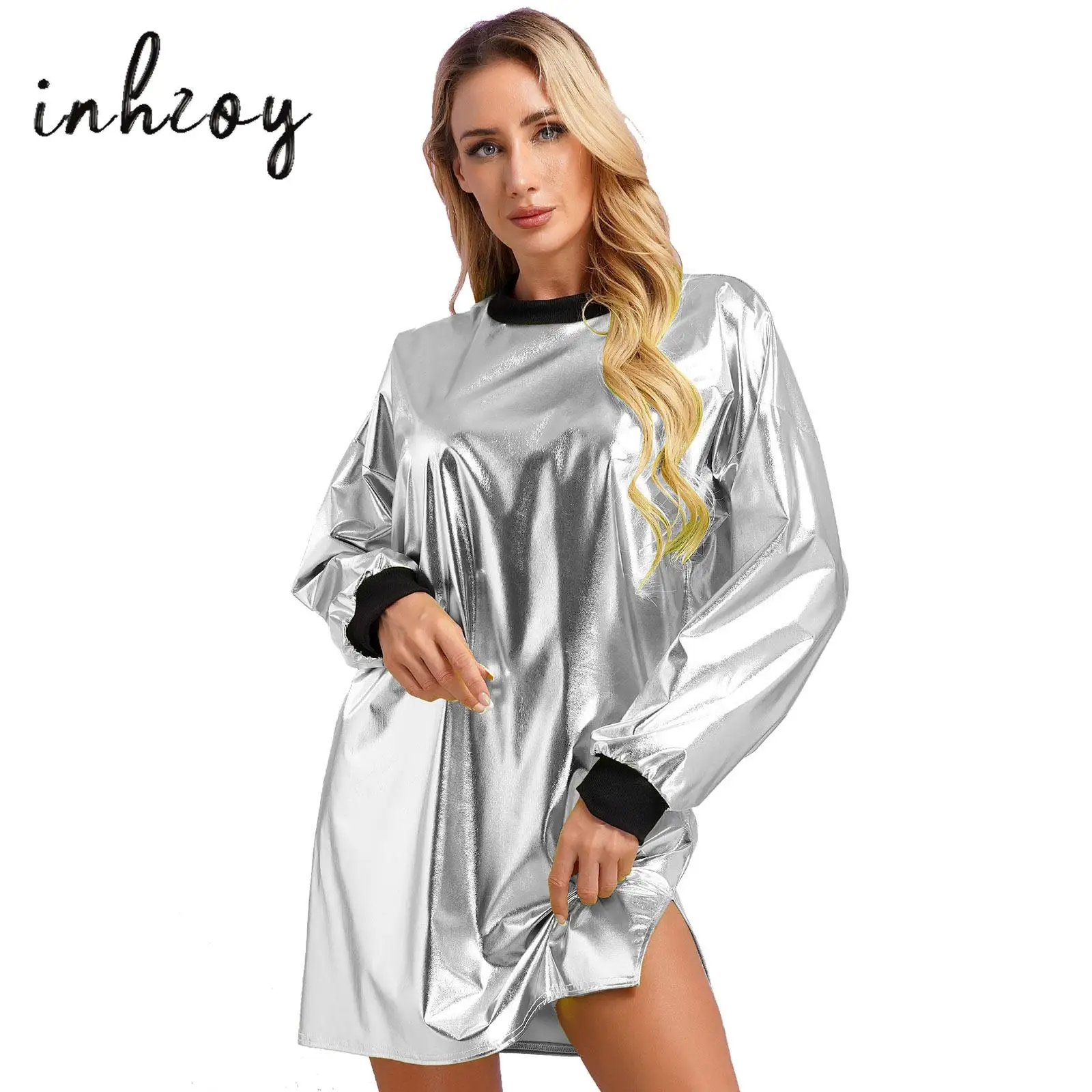 

Womens Metallic Shiny T-Shirt Dress Round Neck Long Sleeve Rib Trims Loose Straight Dress for Nightclub Jazz Disco Dance Costume