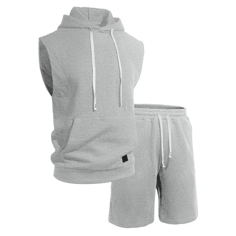 

Men Solid Jacquard Knit Sleeveless Hooded Vest Shorts Set European American Casual Sports Two Piece Outfit