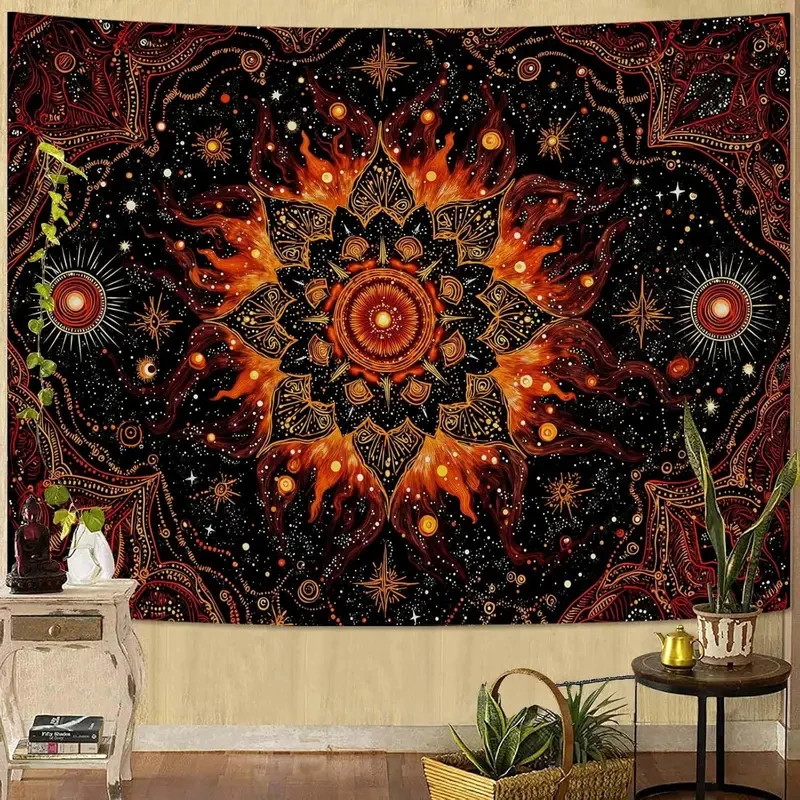 Dark Flame Sun Mandala Tapestry, Celestial Starry Sky Print with Fire Elements Large Wall Hanging Bedroom Living Room Aesthetic