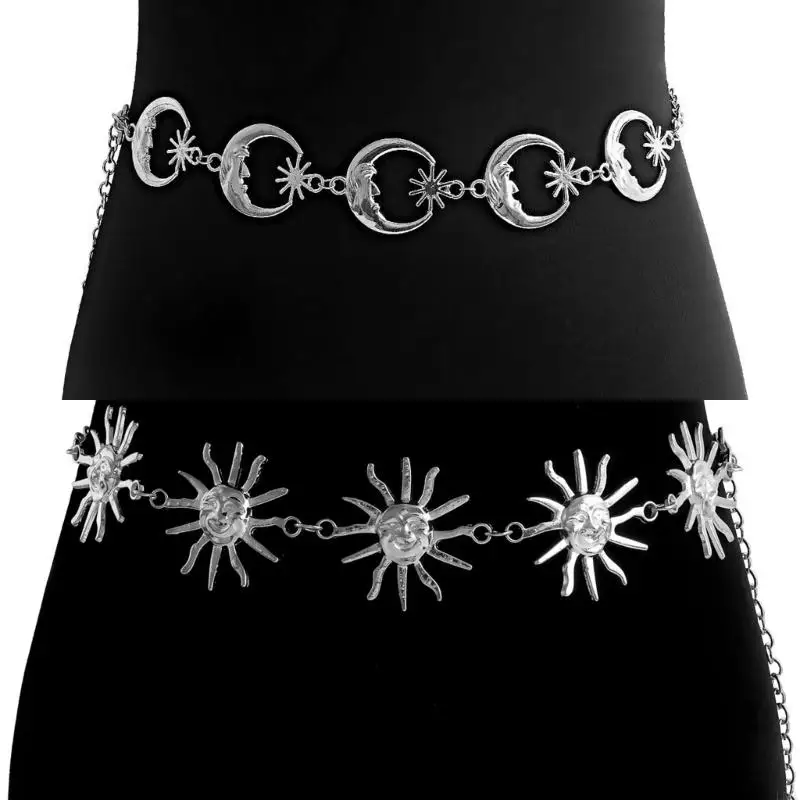 

L5YC Fashionable Women Metal Waist Chain Sun/Moon Detail Belly Chain Adjustable Belt Wearable Jewelry for Dress Outfits