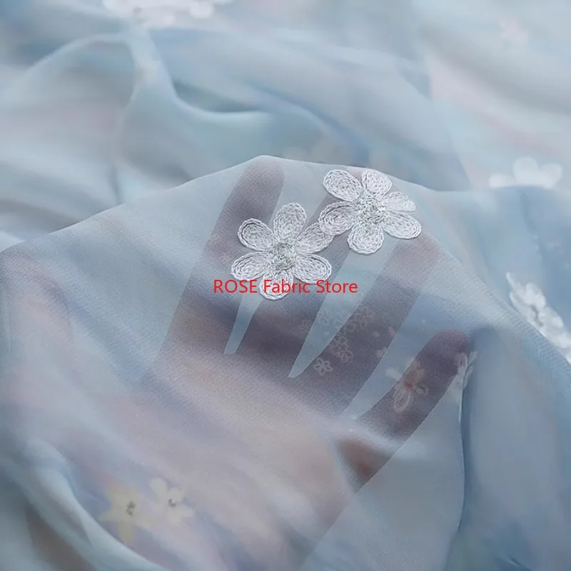 

Embroidery Flowers Chiffon lace fabric, Light Weight Flowing Fabric For Silk Scarf, Stage Dance Dress, Girl Dress