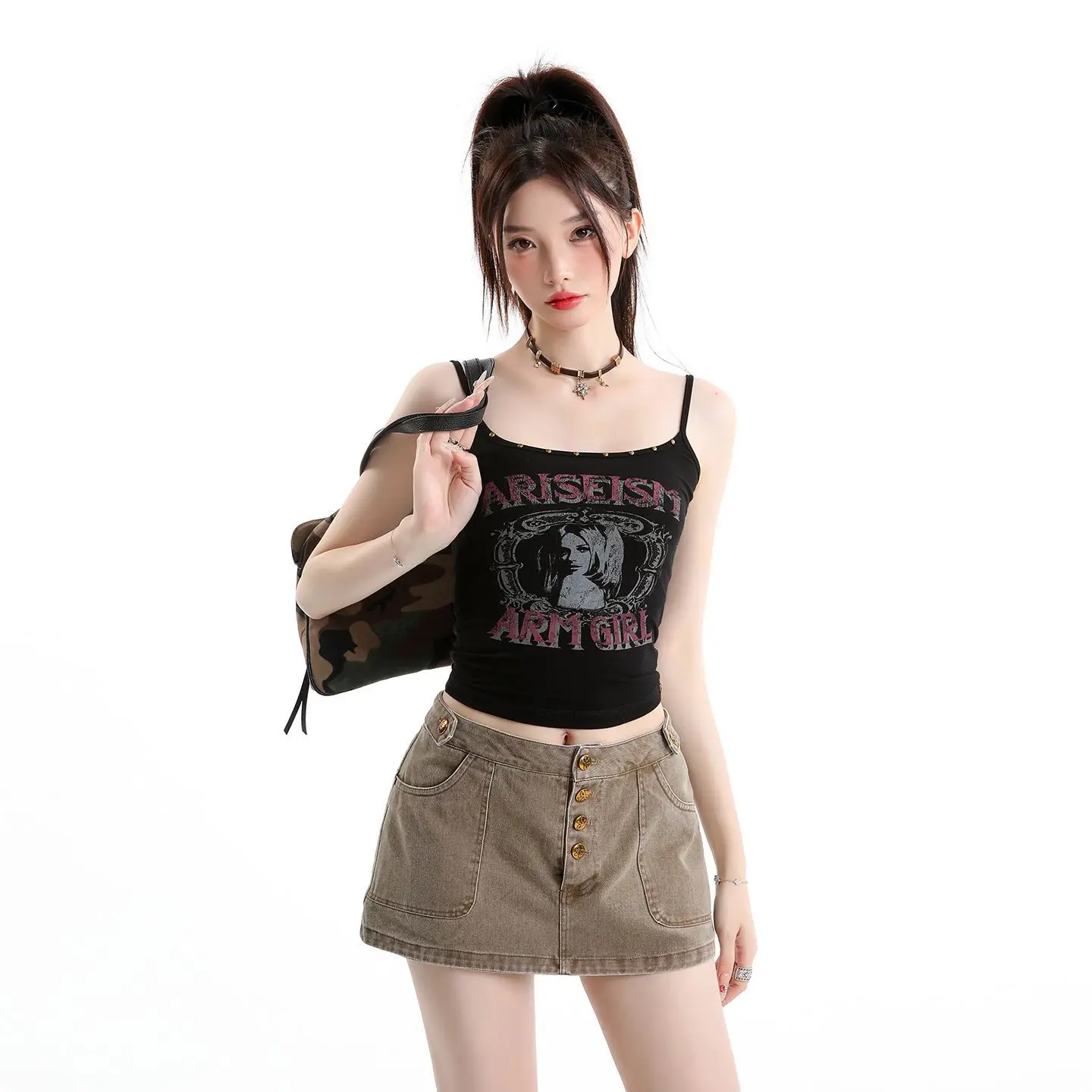 2026 New Summer Retro Spice Girl Coffee Button A-shaped Skirt Hip-wrapped Anti-light Shorts Skirt