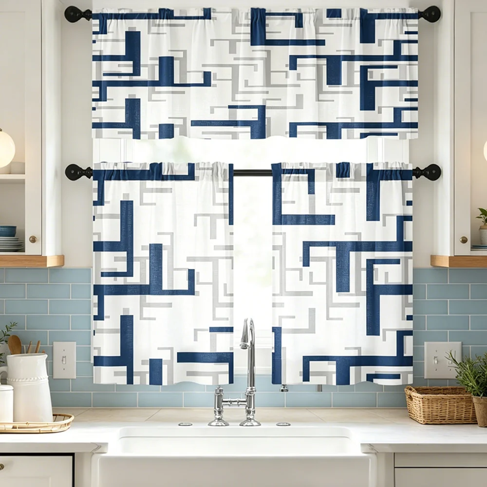 Valance and Short Curtains Set, Blue Geometric Lines Print, Modern Abstract Style, Tier Curtains, Charming Kitchen Decor