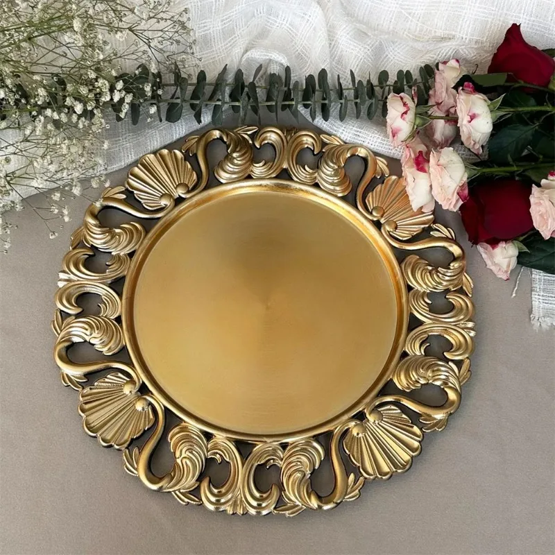 50PCS 13 inch Western Restaurant Pad Gold Silver European Vintage Banquet Decoration Plastic Plate Wedding Decoration Table Set