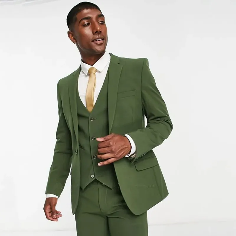 

New 3 Piece Army Green Male Suits Costume Homme 2024 Notched Lapel Groom Tuxedos Formal Business Slim Fit Men Suits Blazer Vest