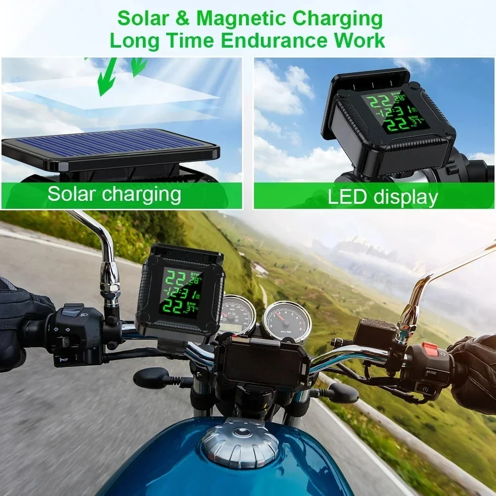 Solar Charging TPMS Motorcycle Tire Pressure Sensors Motorbike Tire Pressure Monitoring System Tyre Temperature Alarm System