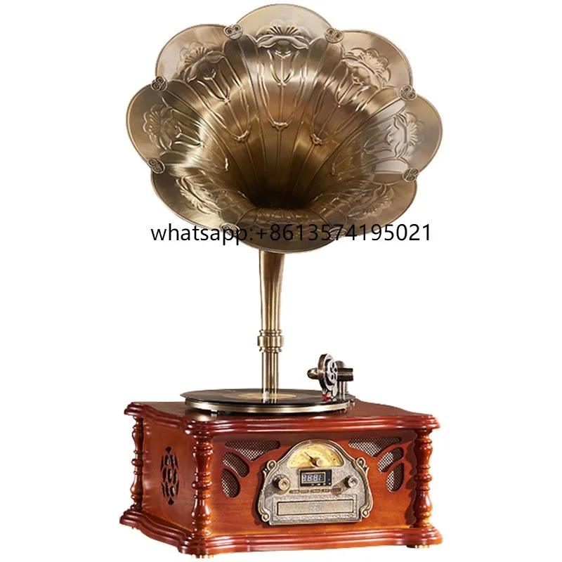 

TClassically Styled Gramophone Record Player Beautiful Brown Wood Brass Finish Remote Access Copper Classic Record Player