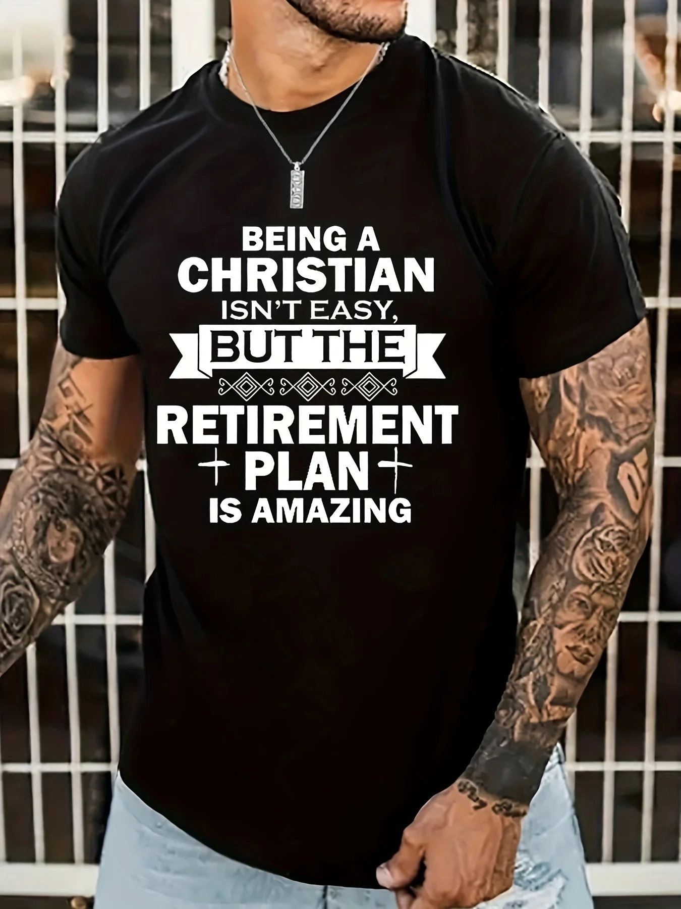 

Men's Navy Blue Fashion T-Shirt - "It's Not Easy to Be a Christian" Retirement Plan Print, 100% Polyester, Crew Neck