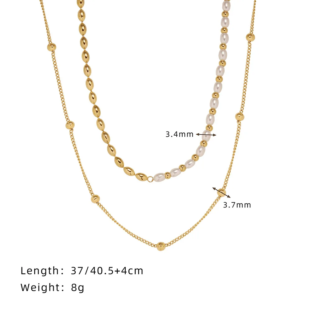 Stylish Layered Chain Stainless Steel Necklace 18K Gold Plated Texture Waterproof Trendy Korean Imitation Pearl Chain Jewelry