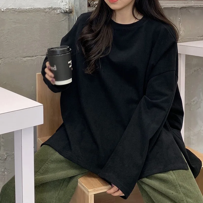 Women T-shirt Slit Loose Oversize Tees Solid Round Neck Simple Dress  Fashion Ladies  Casual Autumn  Long Sleeve Basic Tops