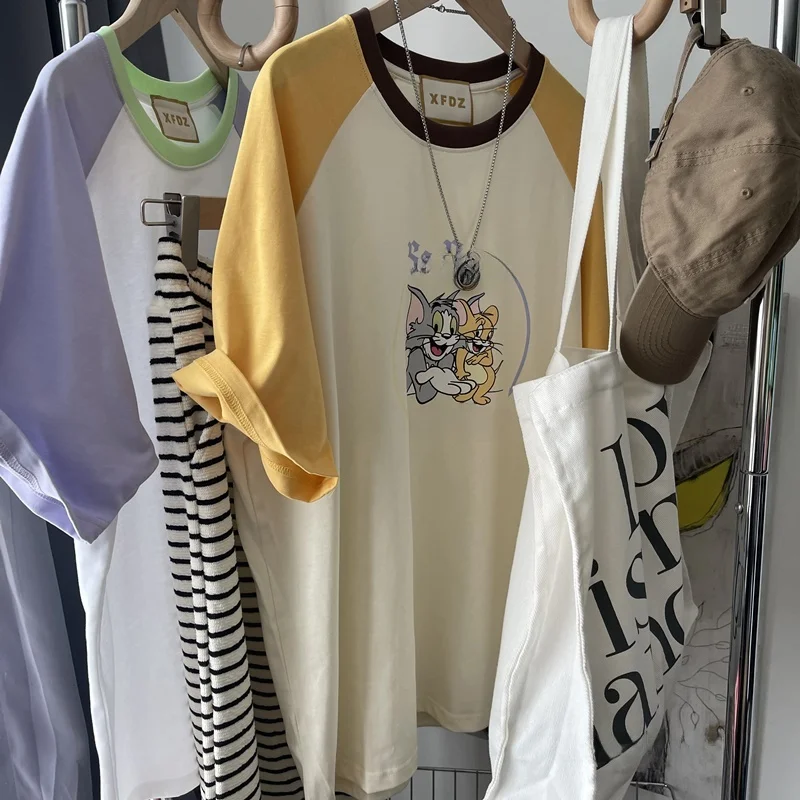 قميص نسائي صيفي كاجوال من القطن بتصميم كرتوني وألوان متباينة، مقاس كبير 300، بأكمام قصيرة