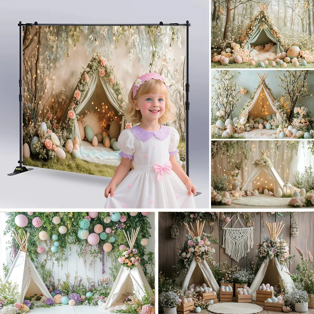 Spring Easter Photography Background Boho Tent Flower Rabbit Eggs Bunny Baby Shower Birthday Kids Portrait Decor Photo Backdrops
