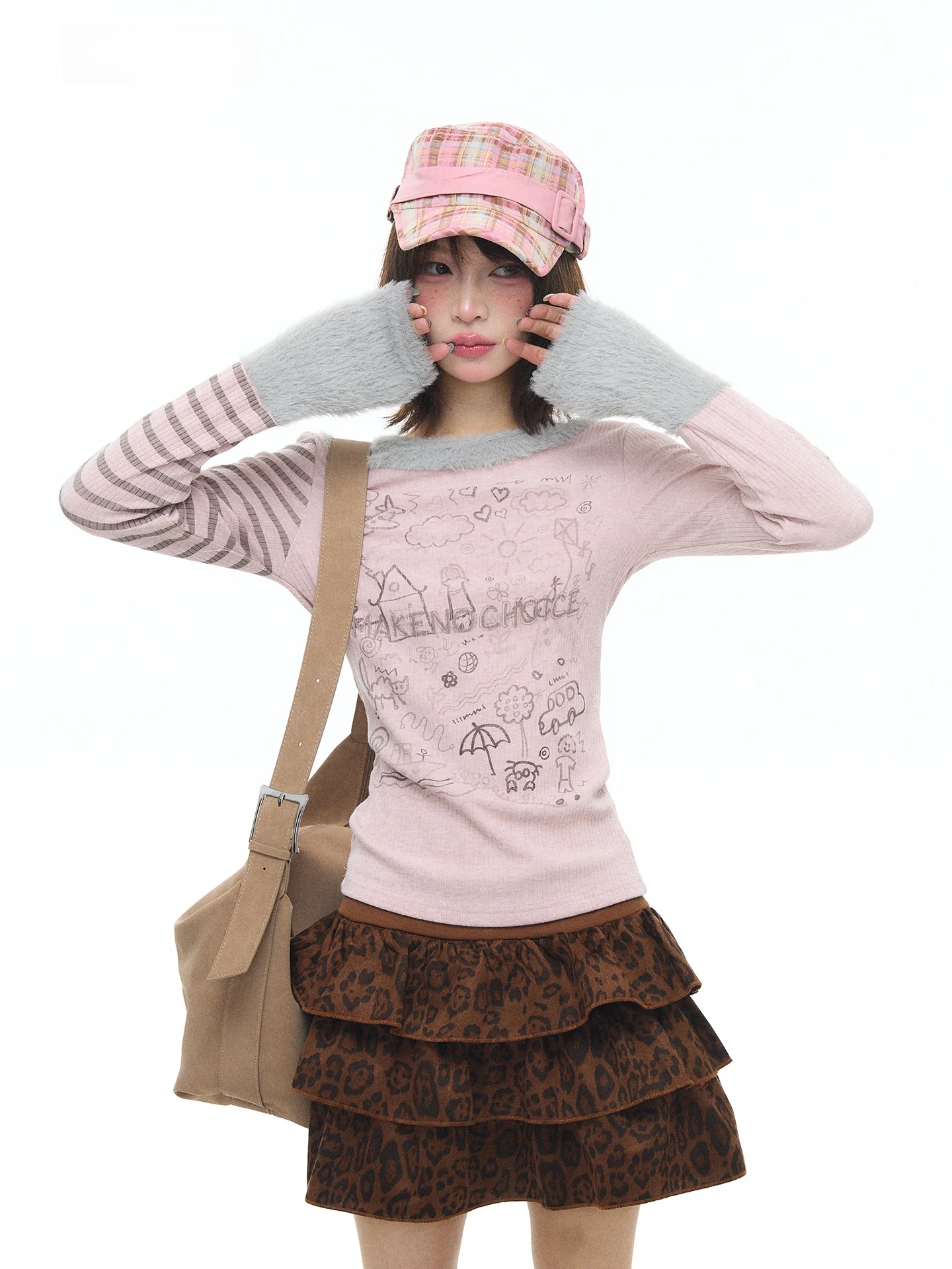 

Astrsk Korean Sle Long Sve T-irt Vintage Feel Patchwork Faux Fur Collar Slim Fit Spring New Design Women's Top