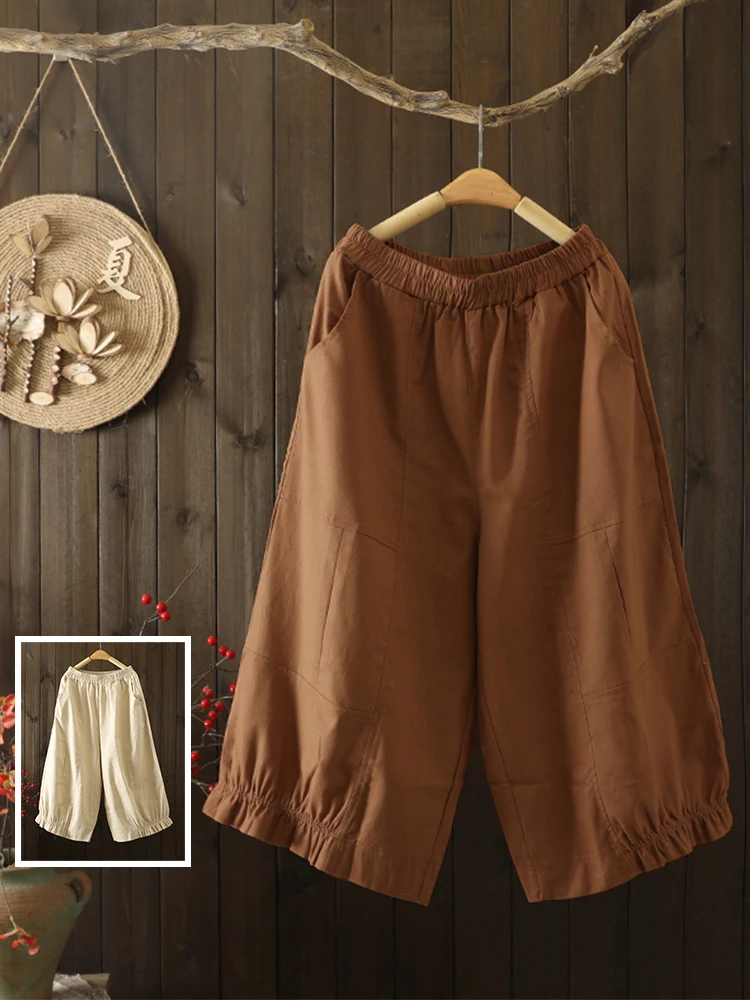 

Художественные широкие брюки с высокой талией, хлопковые и льняные повседневные свободные брюки с семи десятками для больших размеров, женская летняя одежда