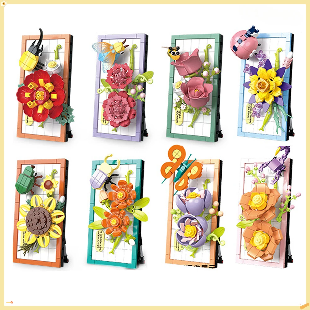 

Simulation Building Blocks Flower Picture Frame Desktop Decorative Ornament Orchid Rose Puzzle Assembly Toy Valentine's Day Gift