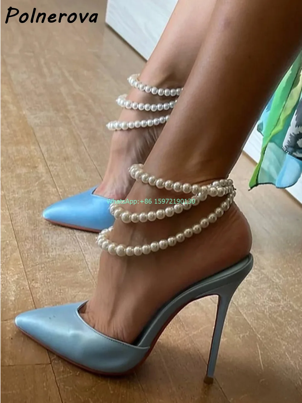 Satin Pearl Chain Slippers Pointy Toe Thin Heels Slip On Ankle Strap Shoes Sexy Elegant Banquet Luxury Fashion Stiletto Shoes