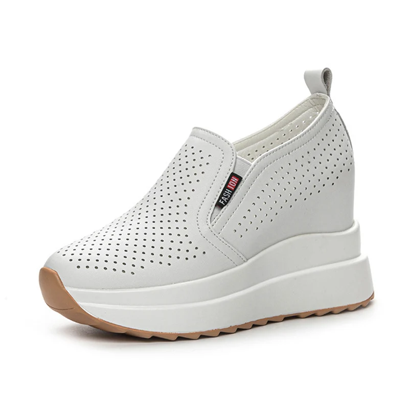 Spring Summer Genuine Leather Shoes Women Fashion Sneakers Ladies Flat Platform Height Increasing 10cm Black White Shoes D401