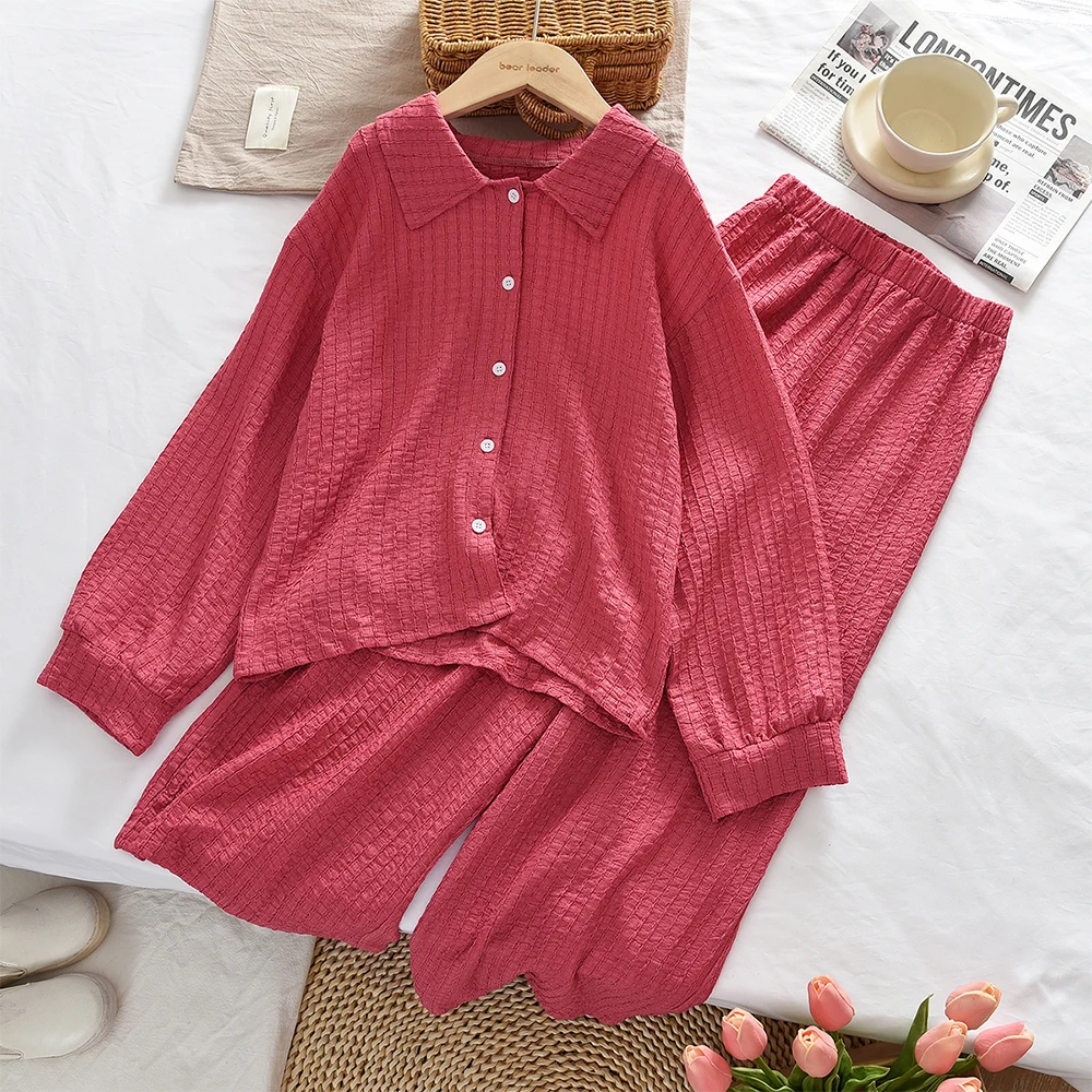 

Red Children's Home Suit Autumn Long Sleeved Shirt Top + Pants Two-piece Set New Year's and Christmas Teenagers Girls' Clothing