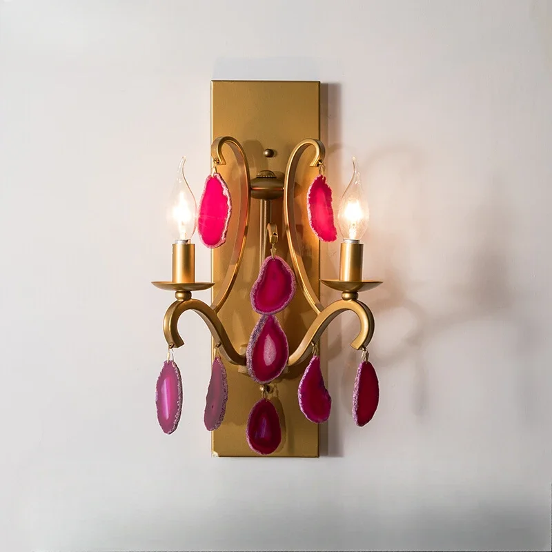 Romantic Pink Agate LED Wall Lamp Vintage Gold Antique Sconce for Bedroom Hallway Nordic Loft Decor