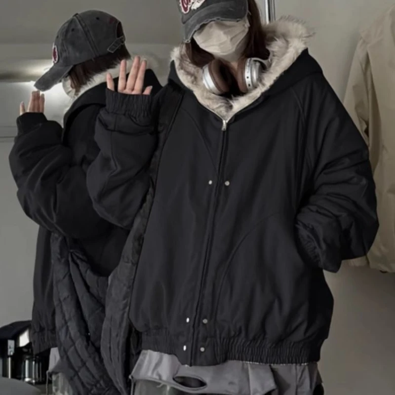 

American Vintage Street Outwear Zipper Faux Fur Long Sleeve Pure Color Fashion Pocket Subculture Fold Hooded Woamn 2025 Autumn