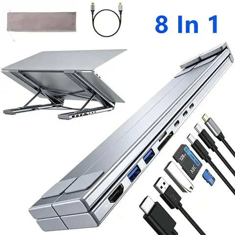 USB C Laptop Docking Station Stand with 4K HDMI, 8 Ports | Powered USB C Hub | Adjustable Laptop Stand for 10-17" Laptops | Ligh