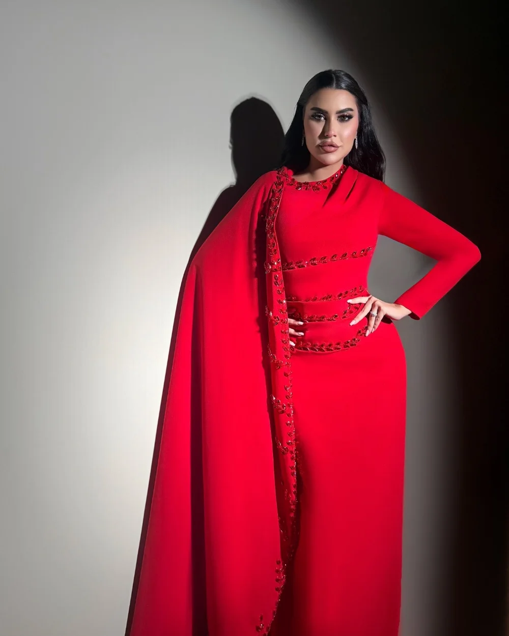 Customized Jersey Red Intricate Sparkle Rhinestone Pleat Mermaid High Collar Floor-Length Evening Dresses Sizes Available