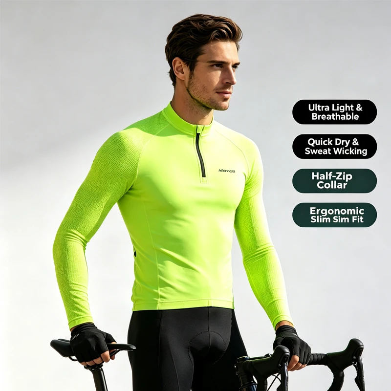 Summer Men's Long Sleeve Cycling Jersey, Half Zip Breathable Mesh Bike Shirt, Fluorescent High Visibility Road Biking Top