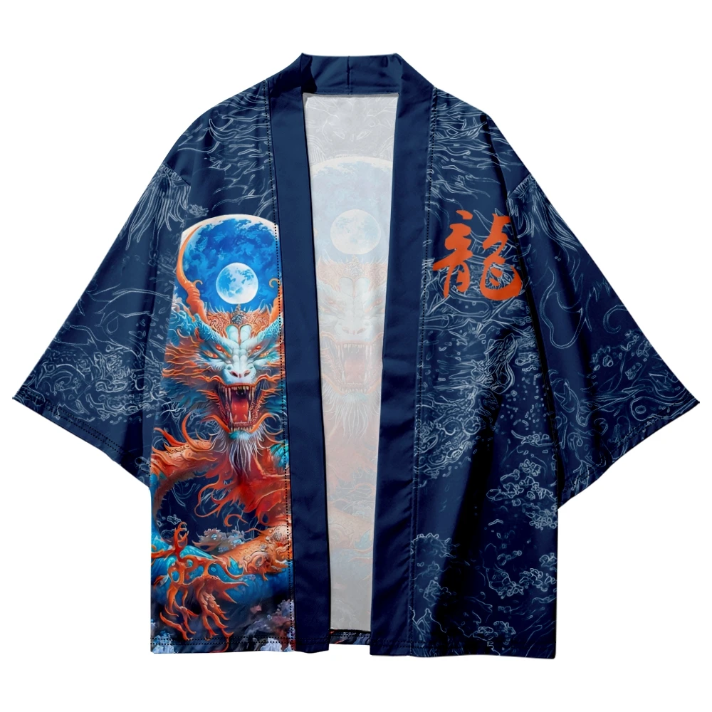 Plus rozmiar 6XL 5XL 4XL japońska moda uliczna sweter damski męski Harajuku smok Anime nadruk Haori Cosplay koszule Kimono niebieska Yukata