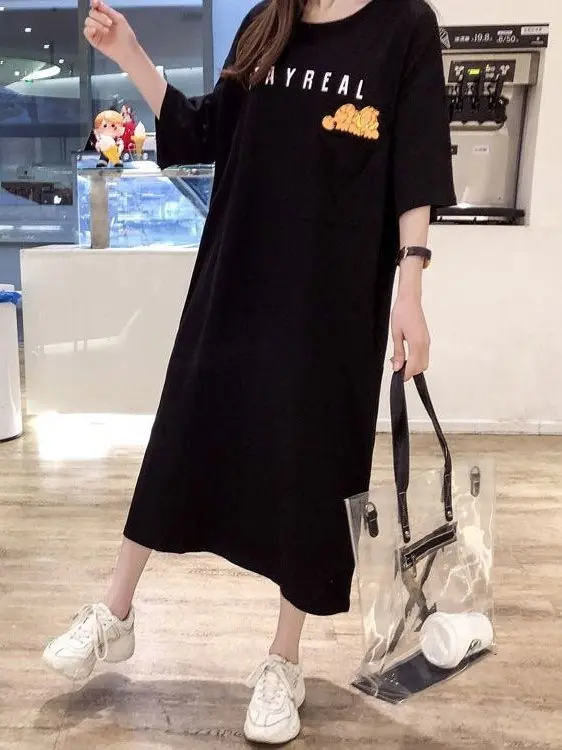 Grande taille femmes été coréen Sle ample longue t-shirt Dr genou longueur ventre couvrant ort Sve a-ligne Dr
