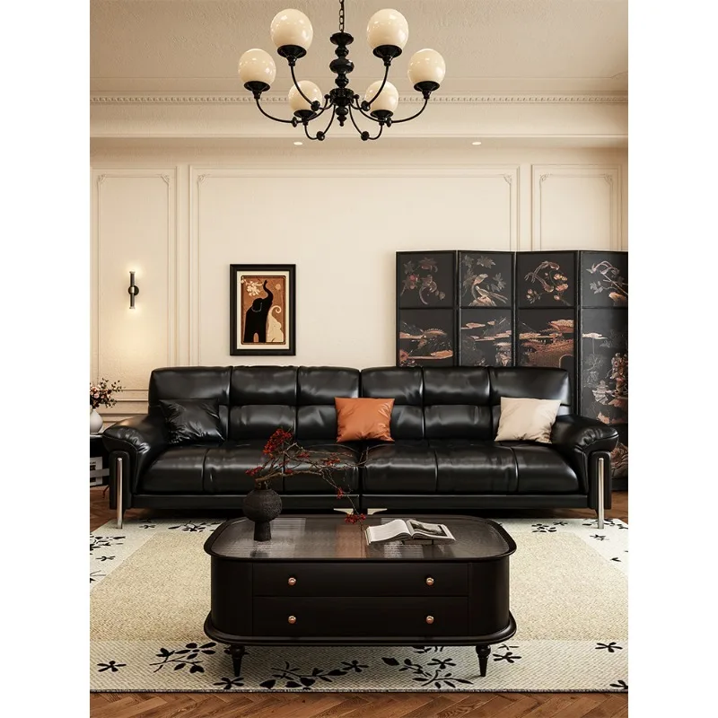 

Medieval style oil wax leather small apartment living room Bauhaus black retro straight row furniture
