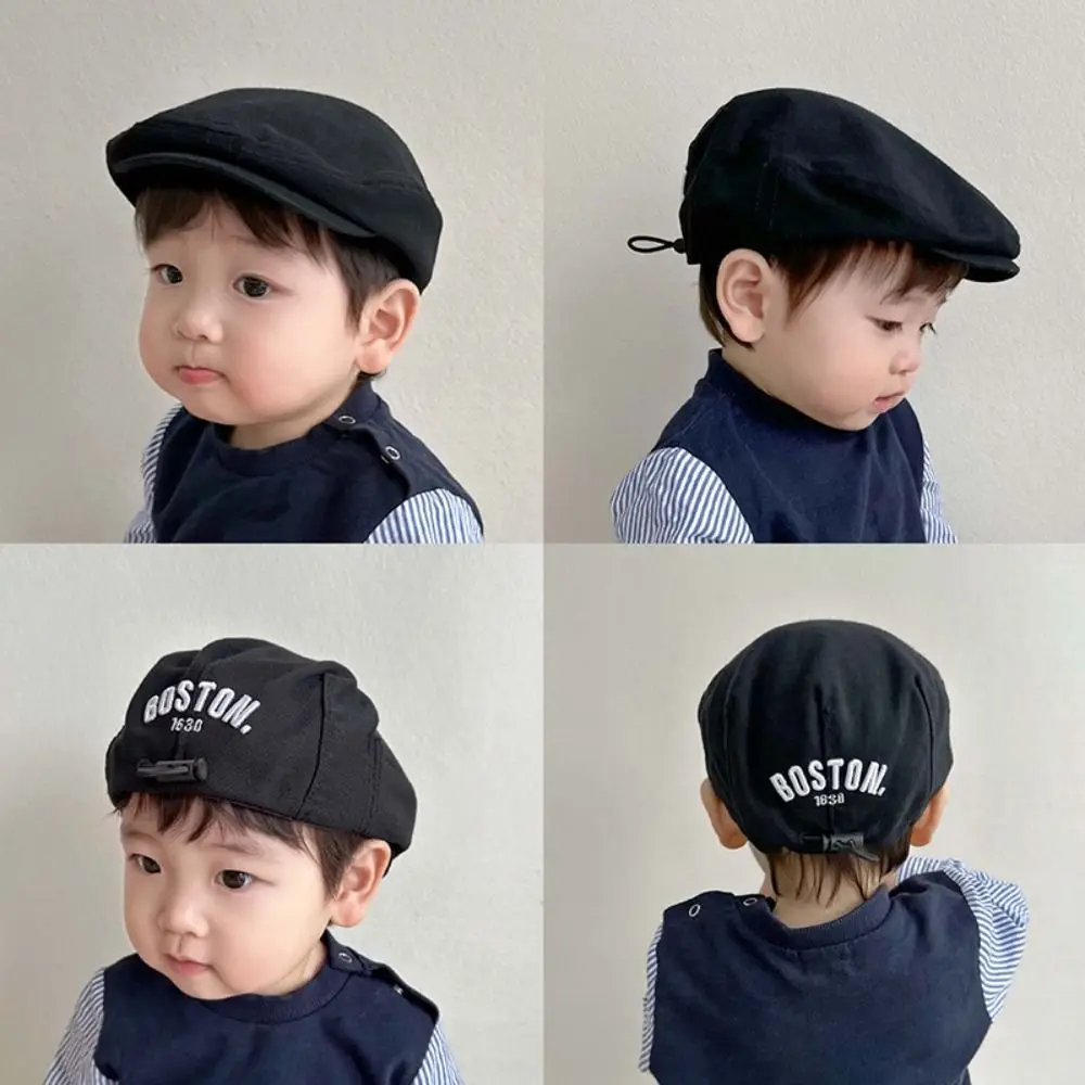 Fashion Retro Denim Beret Hat Letter Embroidered Adjustable Drawstring Duck Tongue Cap Cotton Solid Color Peaked Caps for Kids