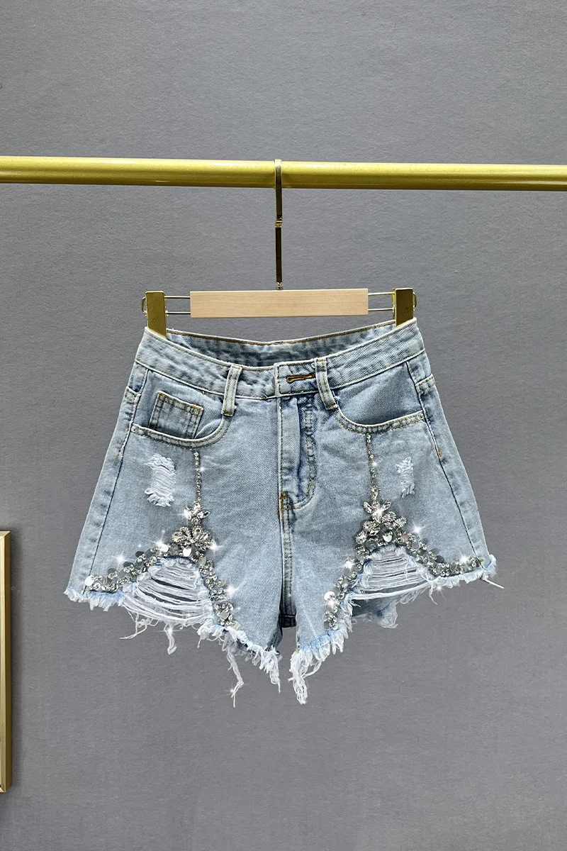 Imagem -06 - Diamante Denim Shorts Mulheres 2023 Roupas de Verão Nova Moda Cintura Alta Slim-fit Shorts Europeu Rasgado a- Line Hot Pants