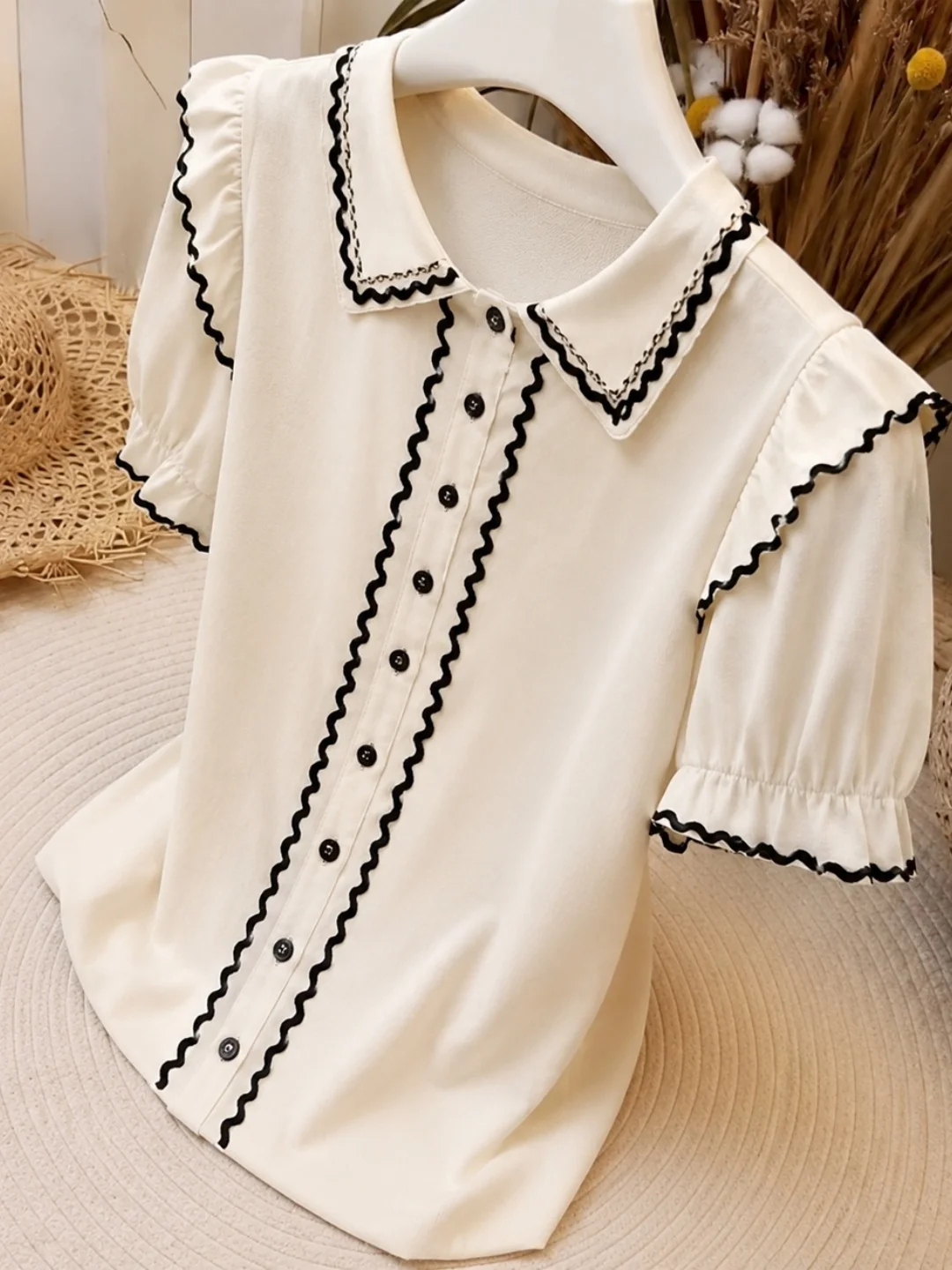 

Summer 2026 Color Block Design Single Button Short Sleeve Neck Women's Shirt Fashionable Versatile Korean Style Commute ...