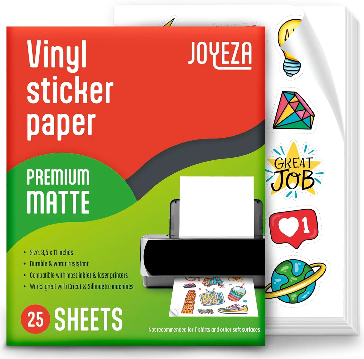 

Printable Vinyl Sticker Paper for Inkjet Printer - 25 Sheets Matte White, Water-Resistant, Dries Quickly with Vivid Colors, Tear