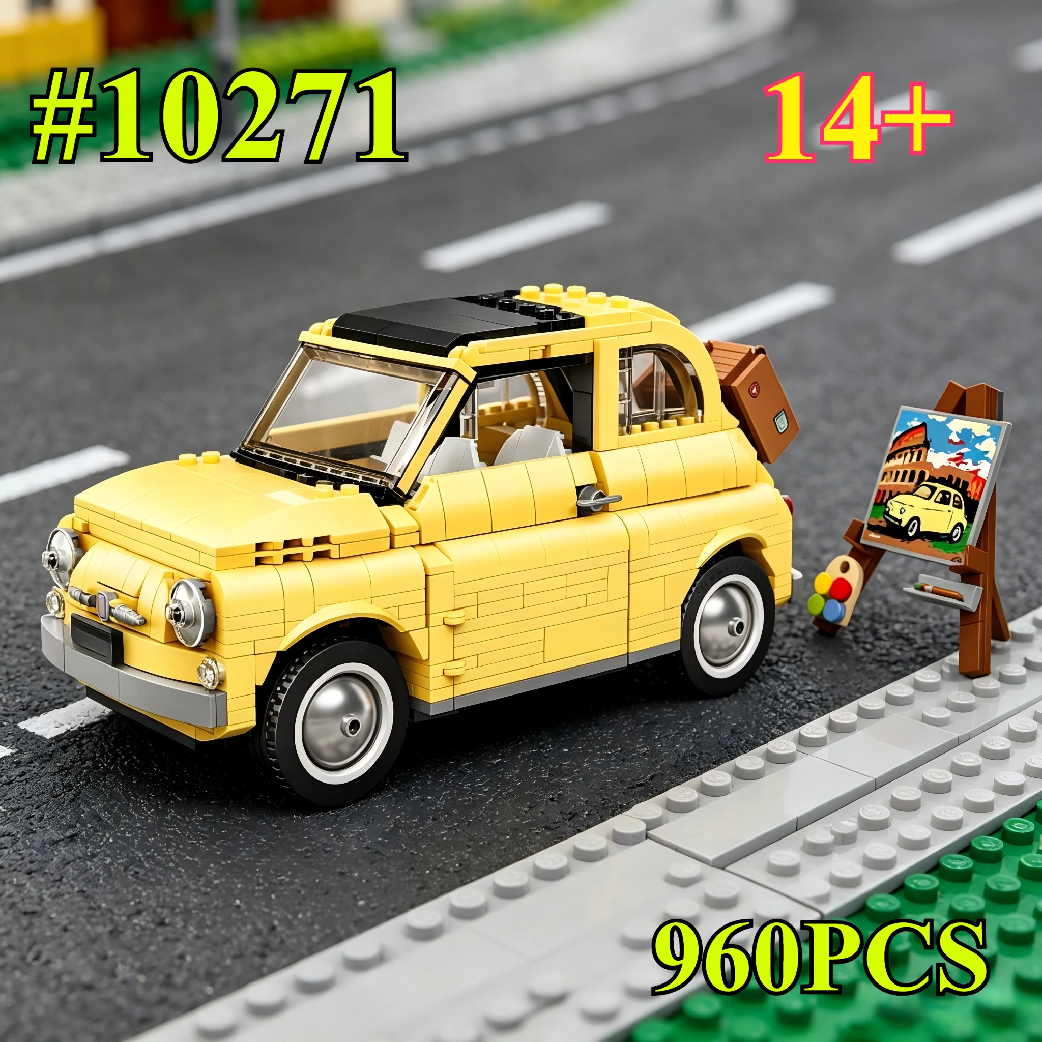 Ein gelbes Auto mit einem Staffelei-Set 10271, Bausteine, geeignet für Geburtstagsgeschenke, kompatibel mit Lego-Teilen, 960 Stück.