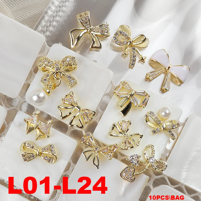 10PCS Luxury Charm Nail Parts Nail Decoration Gold Silver Colors Metal Jewelry Combination DIY Manicure Art L01-L24