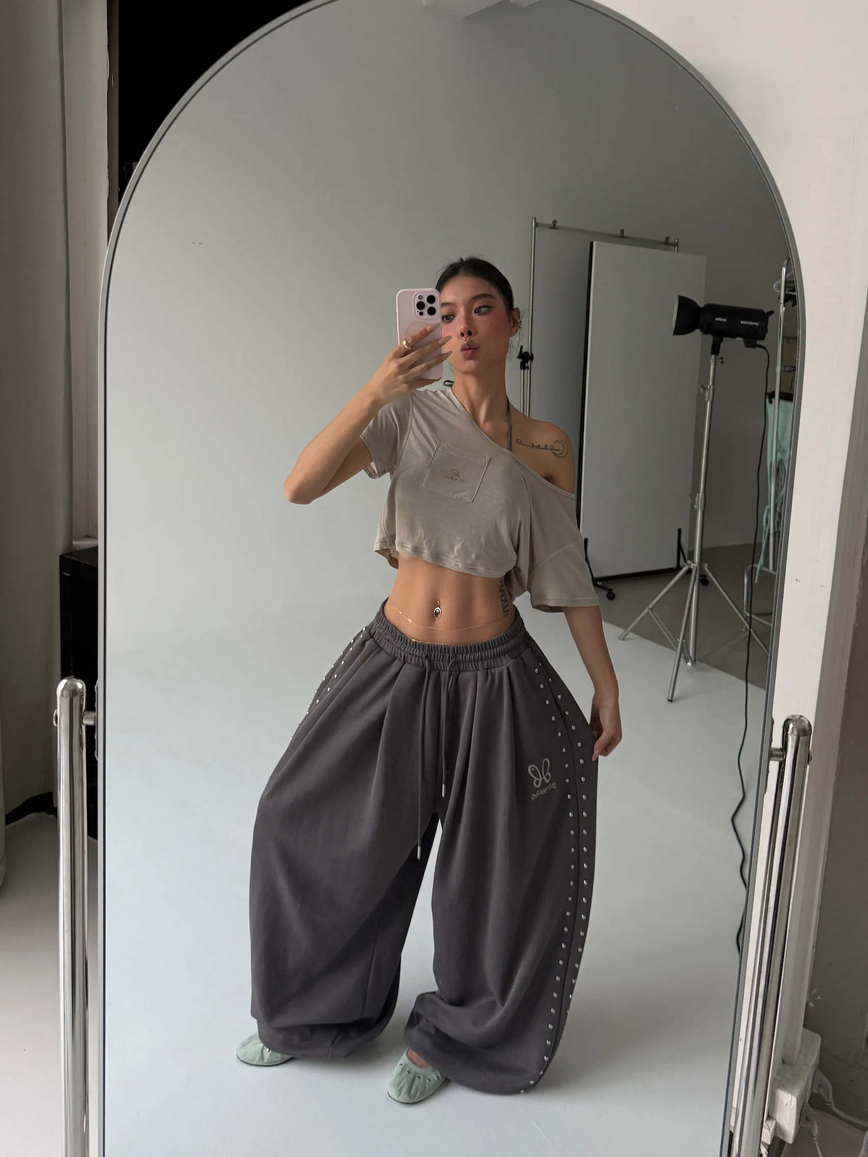 American Style Rivet Embroidery Dancing Sports Pants Women's Spicy Girl Loose Slim Wide Leg Pants Lazy Style Floor-Length Pants