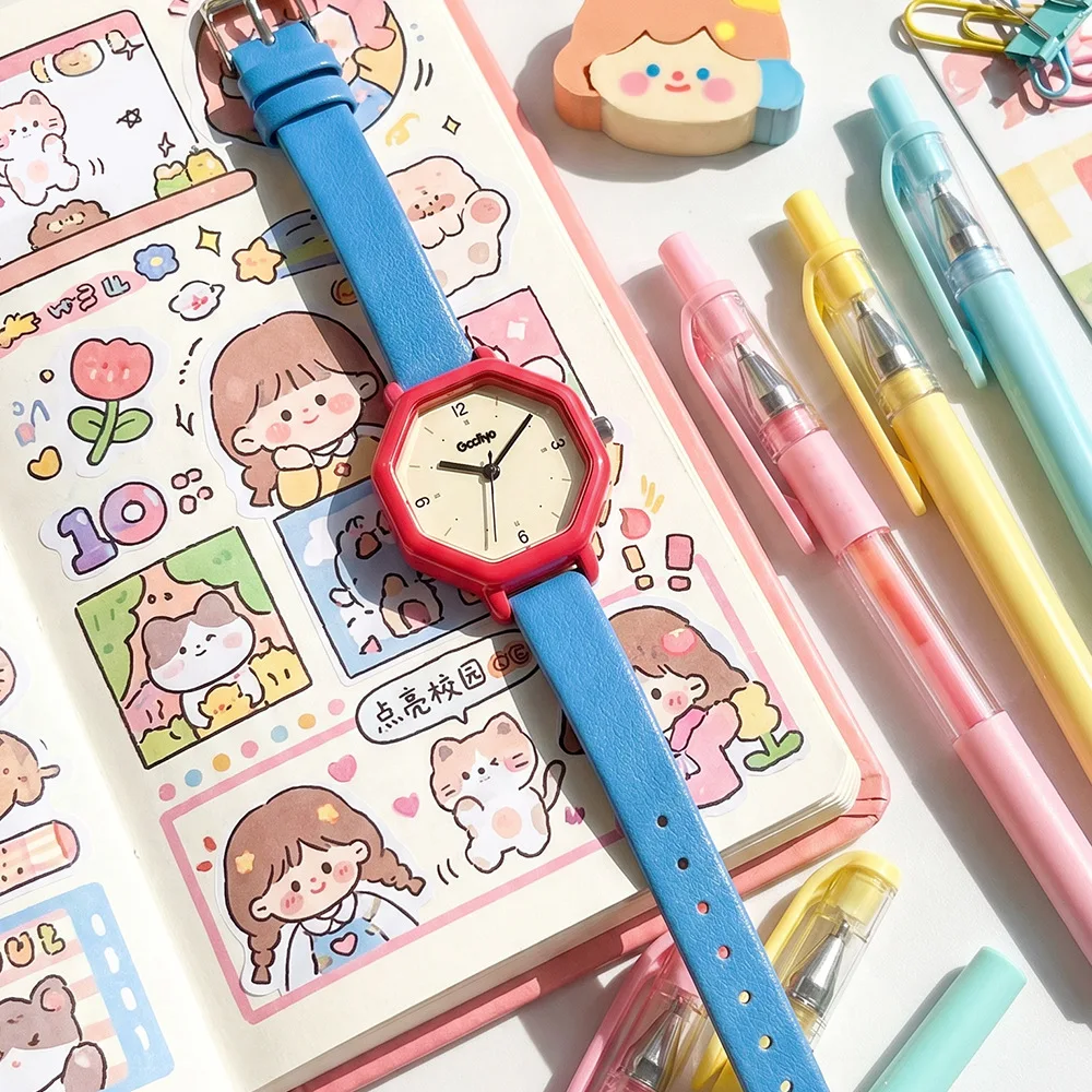 Korean Girl's Watch Octagonal Dopamine Belt Quartz Watch Minimalist Mori Junior High School Student Watch for Women